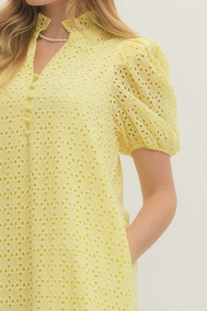 Eyelet Puff Sleeve Midi Dress - Lush Lemon - Women's Clothing - Entro - 34037251308445