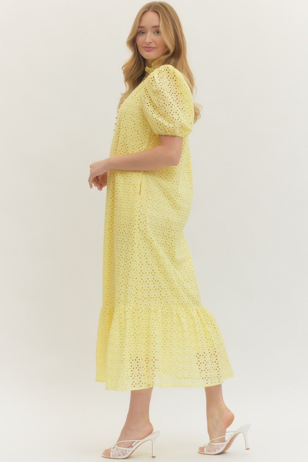 Eyelet Puff Sleeve Midi Dress - Lush Lemon - Women's Clothing - Entro - 34037251308445
