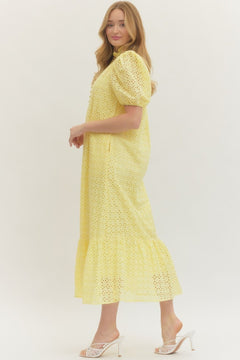 Eyelet Puff Sleeve Midi Dress - Lush Lemon - Women&