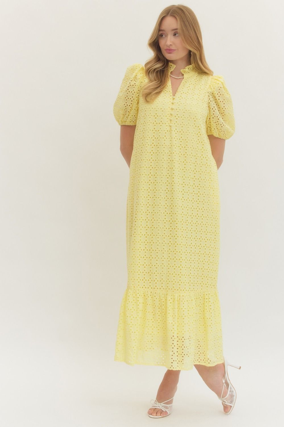 Eyelet Puff Sleeve Midi Dress - Lush Lemon - Women's Clothing - Entro - 34037251308445