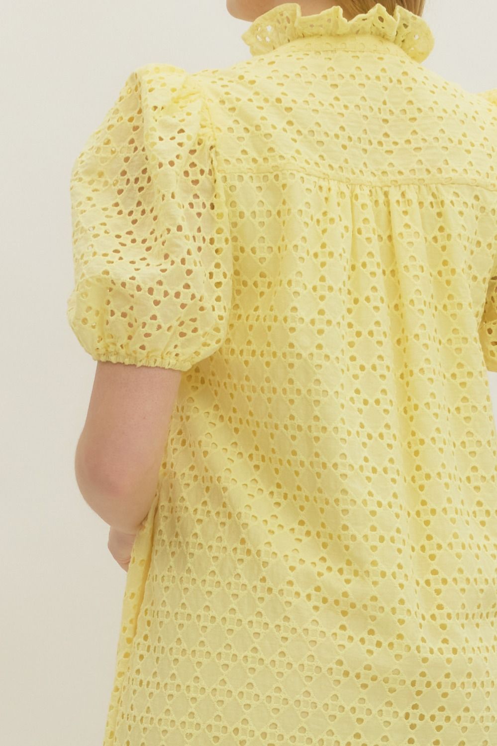 Eyelet Puff Sleeve Midi Dress - Lush Lemon - Women's Clothing - Entro - 34037251308445
