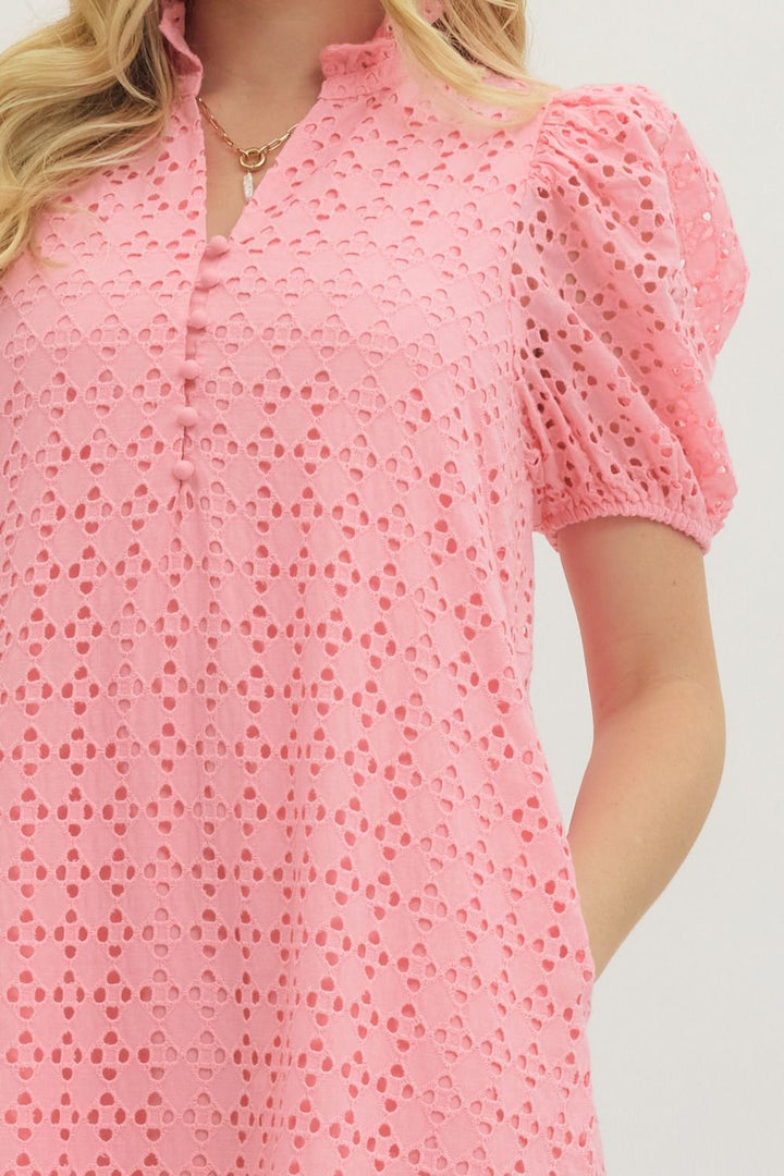 Eyelet Puff Sleeve Midi Dress - Lush Lemon - Women's Clothing - Entro - 34037251606749