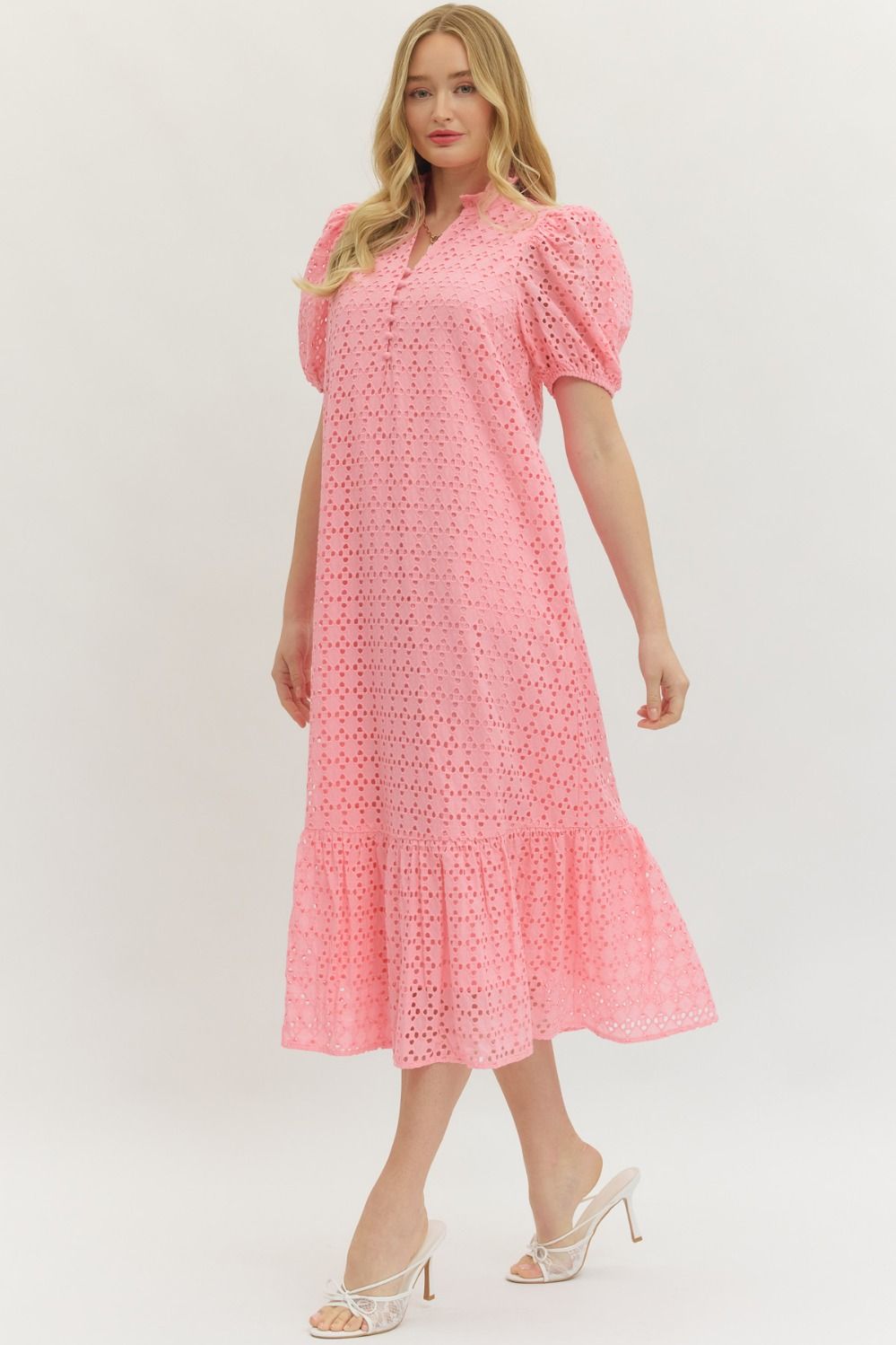 Eyelet Puff Sleeve Midi Dress - Lush Lemon - Women's Clothing - Entro - 34037251606749