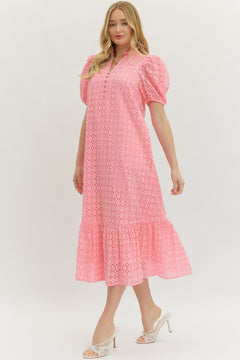 Eyelet Puff Sleeve Midi Dress - Lush Lemon - Women&