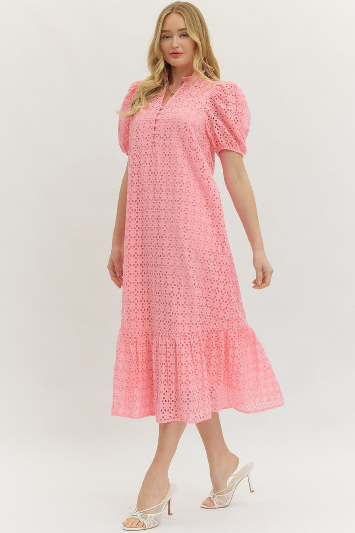 Eyelet Puff Sleeve Midi Dress - Lush Lemon - Women's Clothing - Entro - 34037251606749