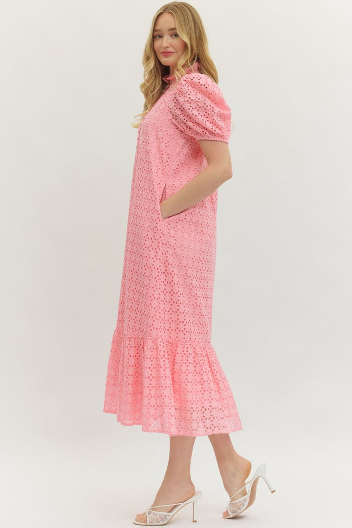 Eyelet Puff Sleeve Midi Dress - Lush Lemon - Women's Clothing - Entro - 34037251606749