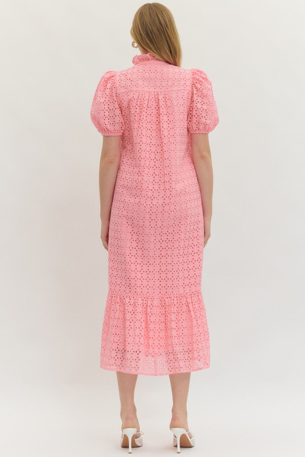 Eyelet Puff Sleeve Midi Dress - Lush Lemon - Women's Clothing - Entro - 34037251606749