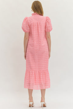 Eyelet Puff Sleeve Midi Dress - Lush Lemon - Women&