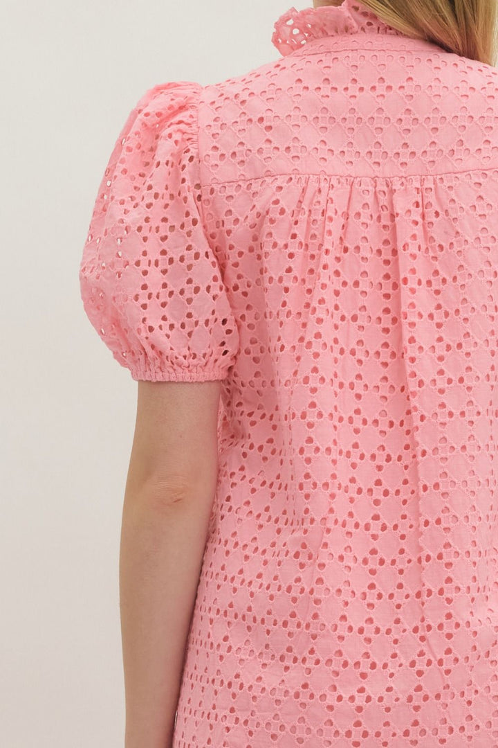 Eyelet Puff Sleeve Midi Dress - Lush Lemon - Women's Clothing - Entro - 34037251606749