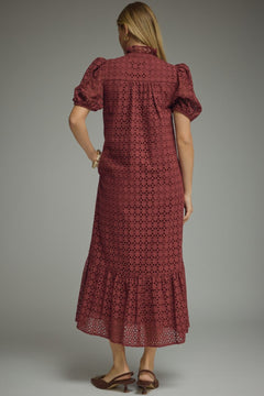 Eyelet Puff Sleeve Midi Dress - Lush Lemon - Women&