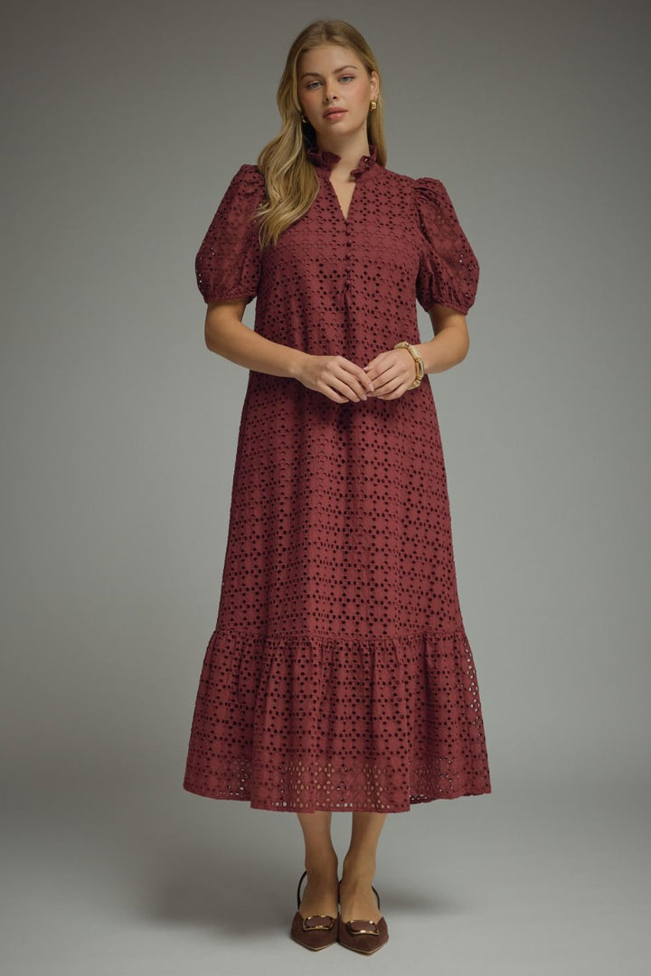 Eyelet Puff Sleeve Midi Dress - Lush Lemon - Women's Clothing - Entro - 45826721334845
