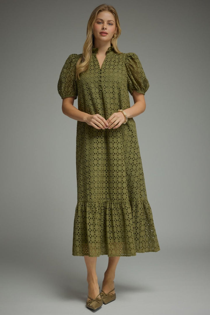 Eyelet Puff Sleeve Midi Dress - Lush Lemon - Women's Clothing - Entro - 45826722231453