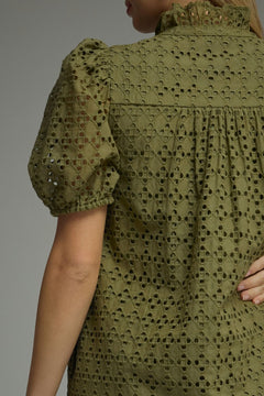 Eyelet Puff Sleeve Midi Dress - Lush Lemon - Women&