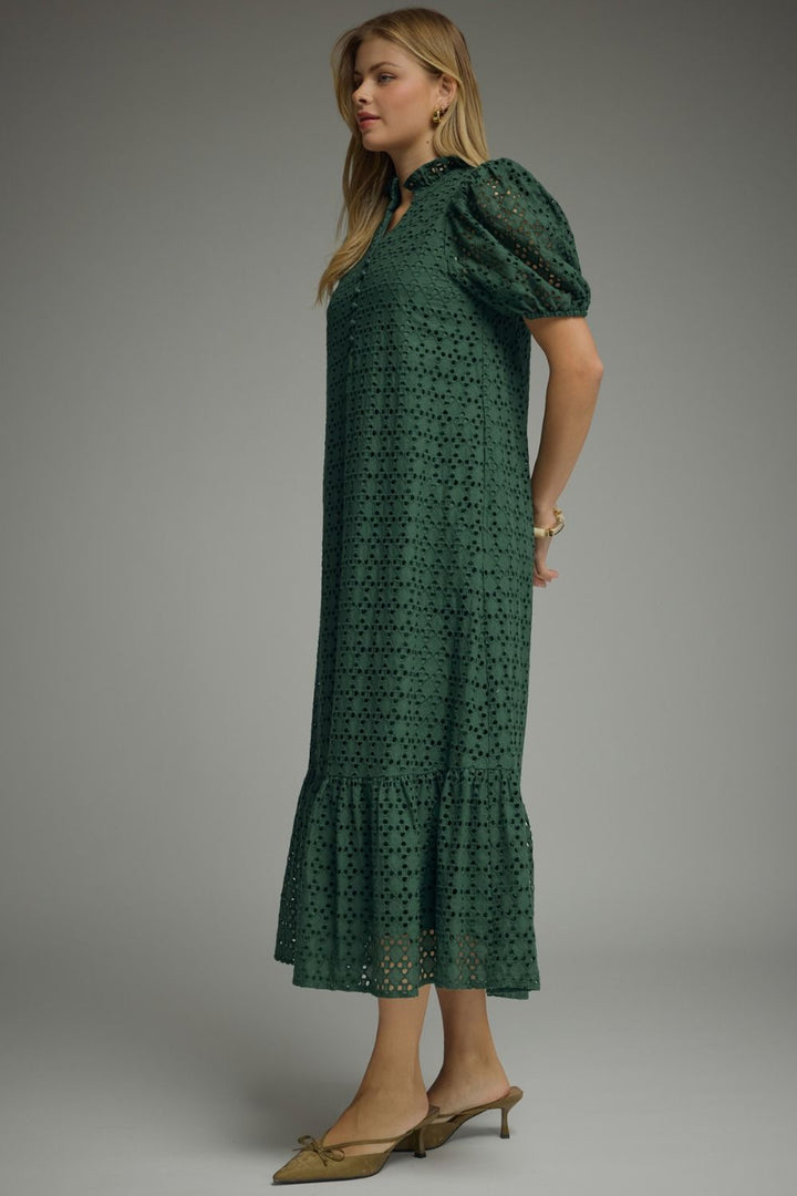 Eyelet Puff Sleeve Midi Dress - Lush Lemon - Women's Clothing - Entro - 55826721633149