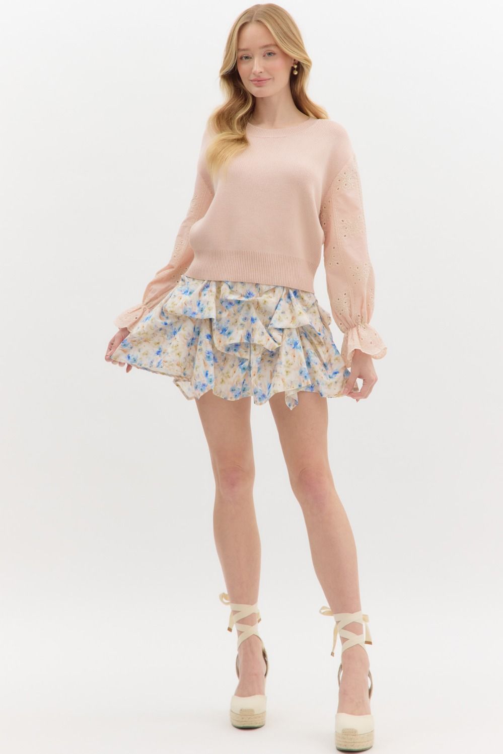 Eyelet Ruffle Sleeve Knit Top - Lush Lemon - Women's Clothing - Entro - 51581571029149