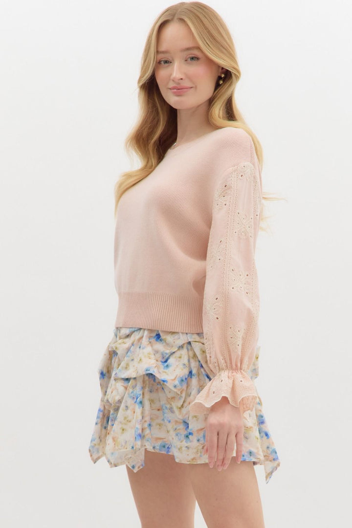 Eyelet Ruffle Sleeve Knit Top - Lush Lemon - Women's Clothing - Entro - 51581571029149