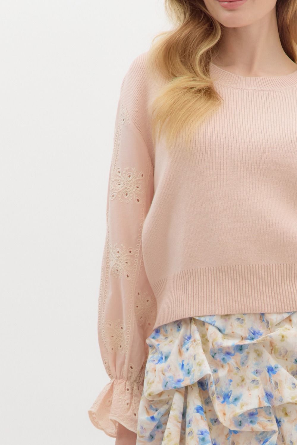 Eyelet Ruffle Sleeve Knit Top - Lush Lemon - Women's Clothing - Entro - 51581571029149