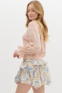 Eyelet Ruffle Sleeve Knit Top - Lush Lemon - Women&