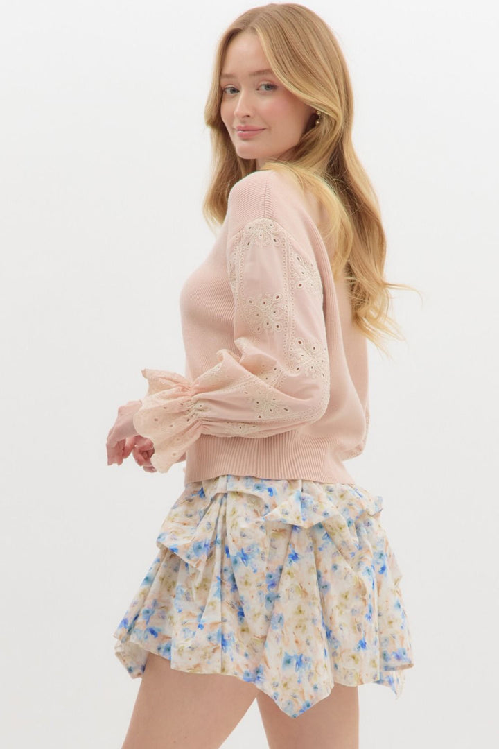 Eyelet Ruffle Sleeve Knit Top - Lush Lemon - Women's Clothing - Entro - 51581571029149