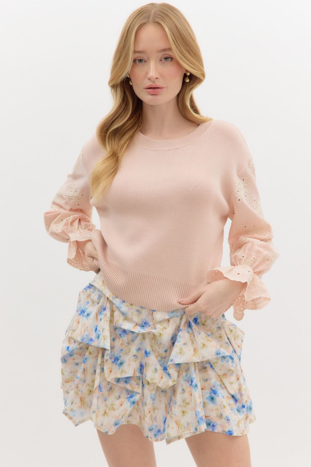 Eyelet Ruffle Sleeve Knit Top - Lush Lemon - Women's Clothing - Entro - 51581571029149