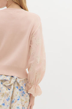 Eyelet Ruffle Sleeve Knit Top - Lush Lemon - Women&