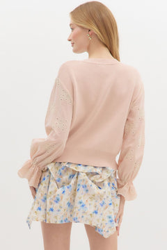 Eyelet Ruffle Sleeve Knit Top - Lush Lemon - Women&