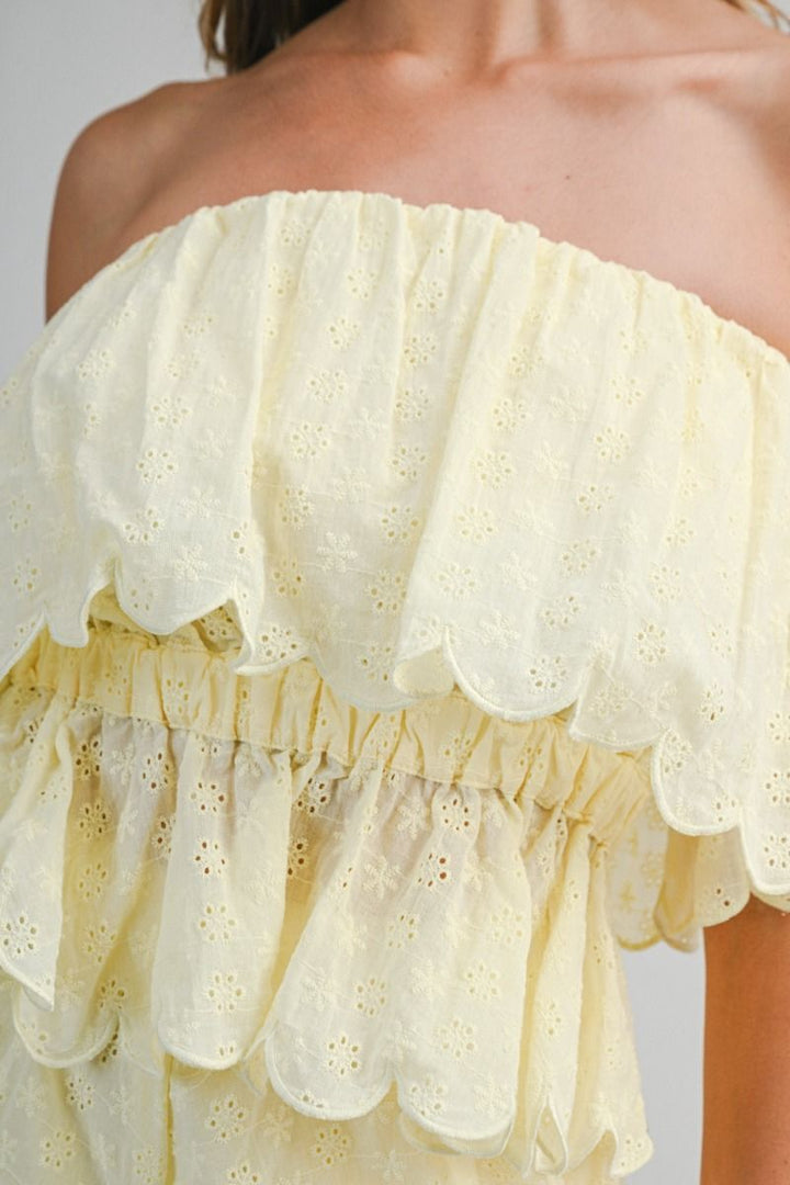 Eyelet Ruffle Top & Bubble Shorts Set - Lush Lemon - Women's Clothing - Mable - 37199031001725