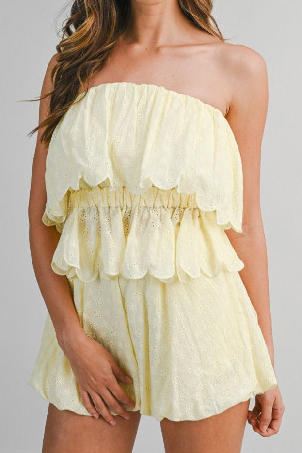 Eyelet Ruffle Top & Bubble Shorts Set - Lush Lemon - Women's Clothing - Mable - 37199031001725
