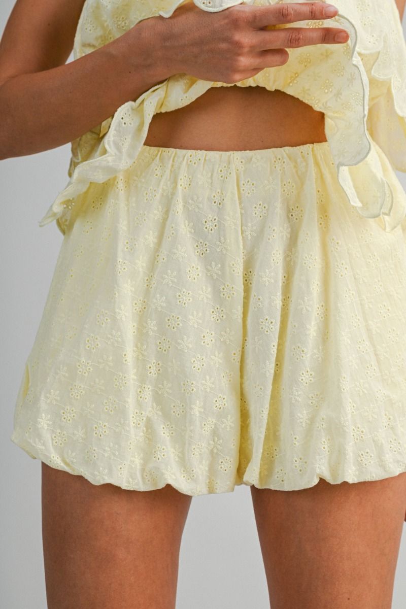 Eyelet Ruffle Top & Bubble Shorts Set - Lush Lemon - Women's Clothing - Mable - 37199031001725