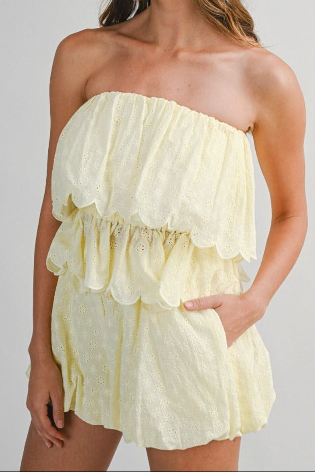 Eyelet Ruffle Top & Bubble Shorts Set - Lush Lemon - Women's Clothing - Mable - 37199031001725