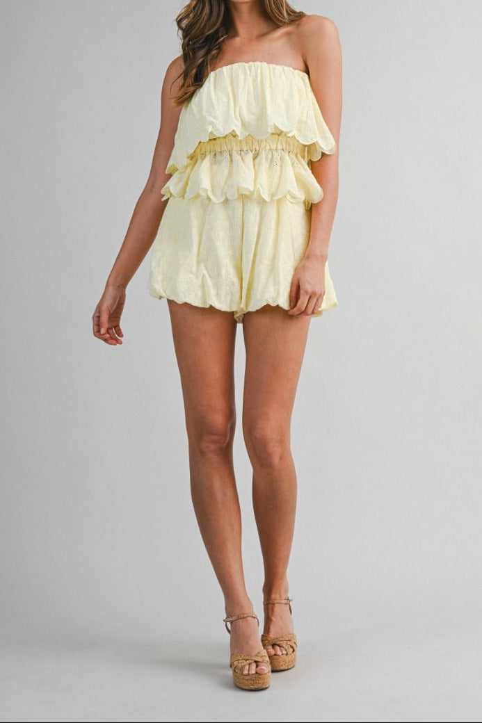 Eyelet Ruffle Top & Bubble Shorts Set - Lush Lemon - Women's Clothing - Mable - 37199031001725