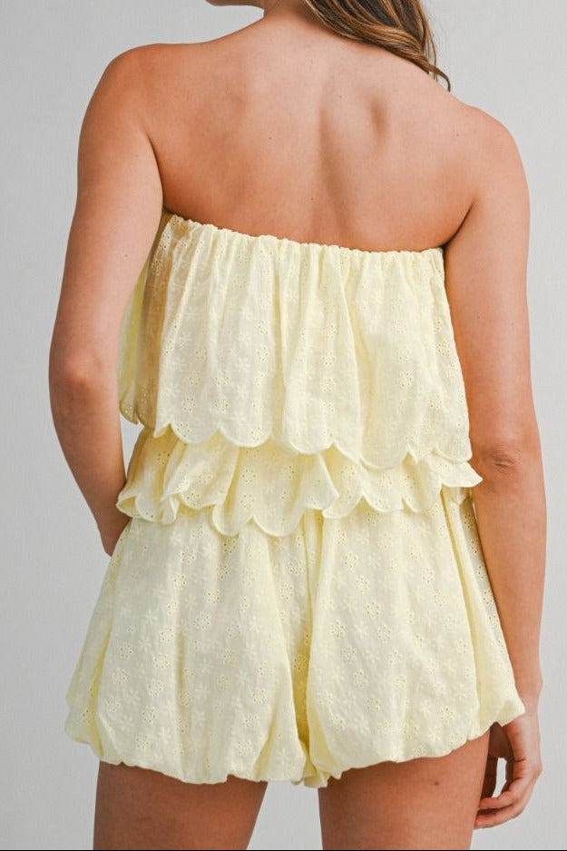 Eyelet Ruffle Top & Bubble Shorts Set - Lush Lemon - Women's Clothing - Mable - 37199031001725