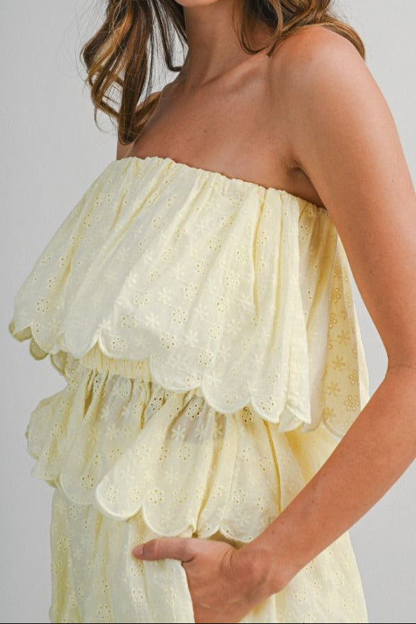 Eyelet Ruffle Top & Bubble Shorts Set - Lush Lemon - Women's Clothing - Mable - 37199031001725