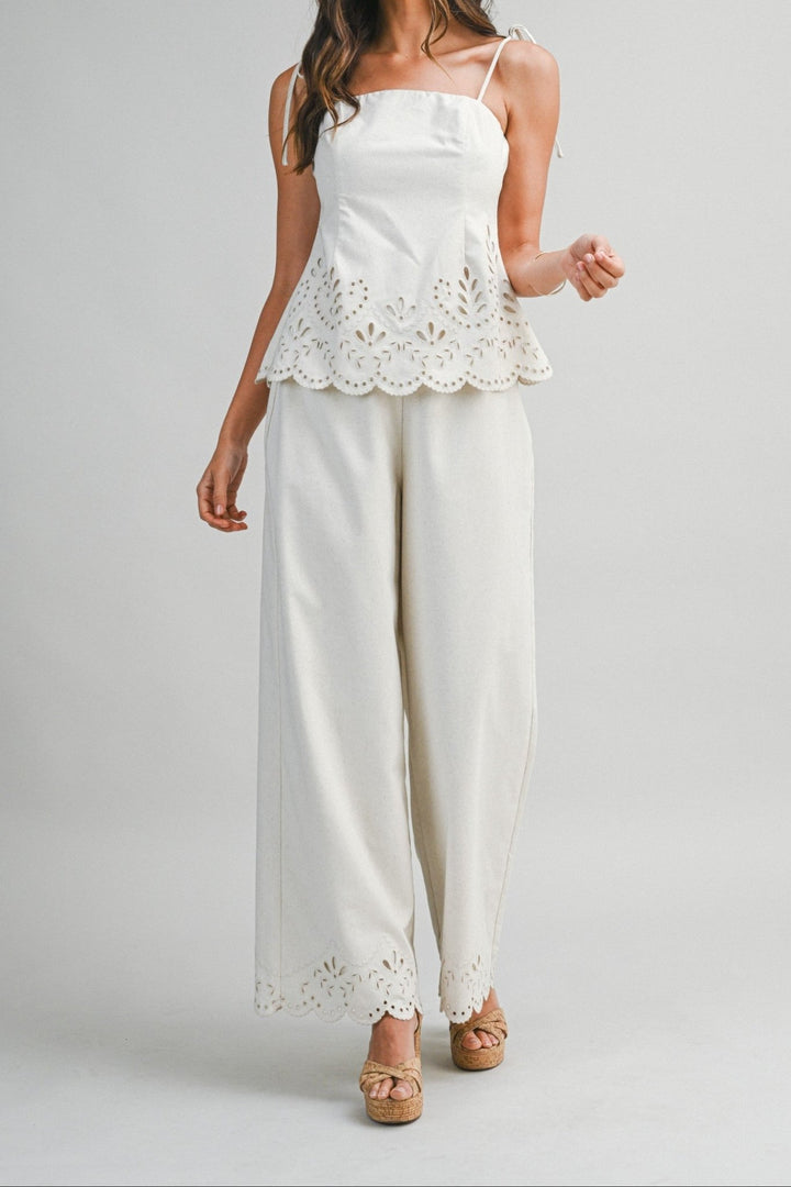 Eyelet Scallop Cami and Pant Set - Lush Lemon - Women's Clothing - Mable - 48778941011485