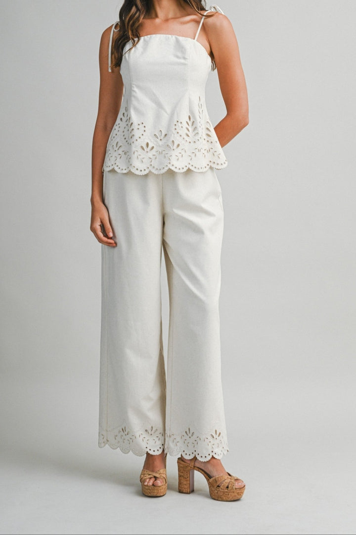 Eyelet Scallop Cami and Pant Set - Lush Lemon - Women's Clothing - Mable - 48778941011485