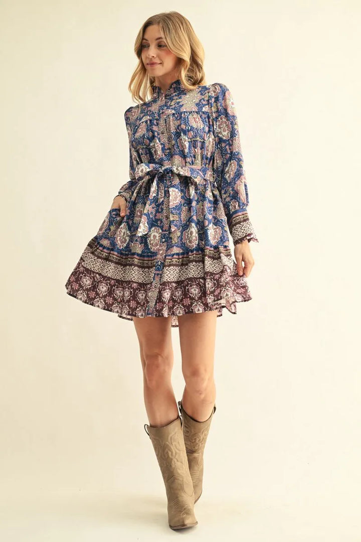 Boho Floral Tiered Mini Dress W/ Waist Tie