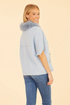Faux Fur Collar Short Sleeve Cardigan - Lush Lemon - Women&