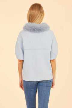 Faux Fur Collar Short Sleeve Cardigan - Lush Lemon - Women&