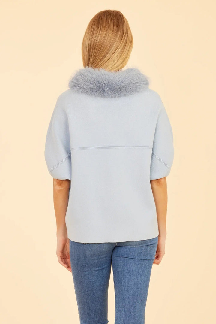 Faux Fur Collar Short Sleeve Cardigan - Lush Lemon - Women's Clothing - Dolce Cabo - 63571151095677