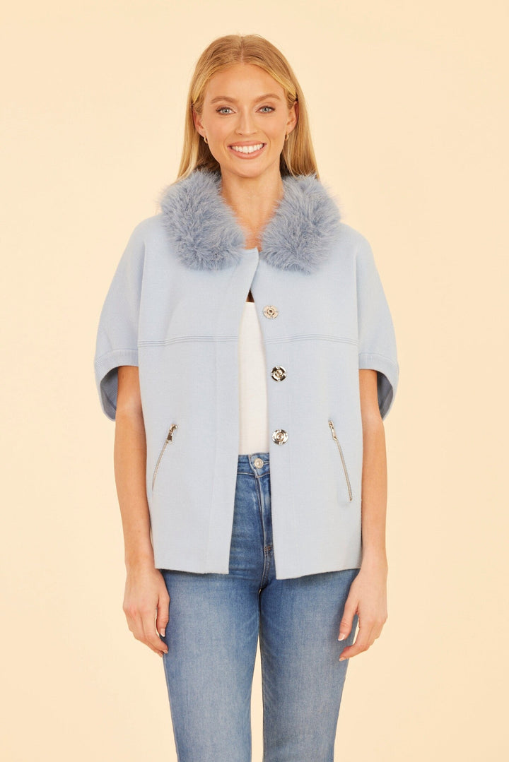 Faux Fur Collar Short Sleeve Cardigan - Lush Lemon - Women's Clothing - Dolce Cabo - 63571151095677