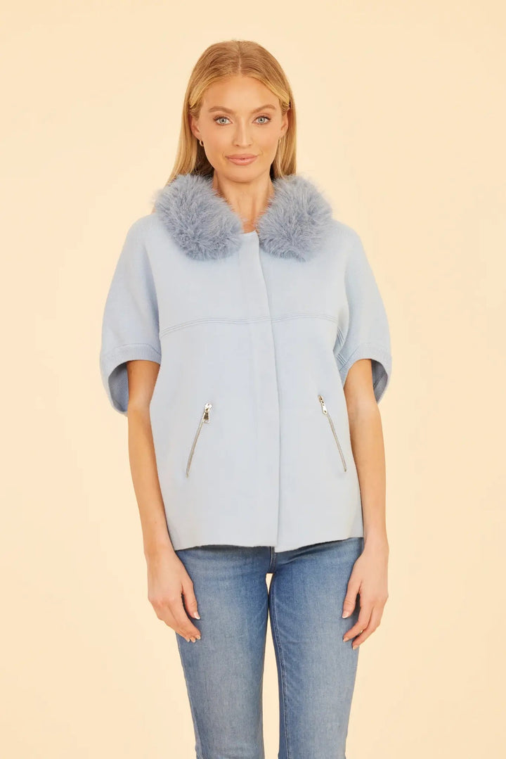 Faux Fur Collar Short Sleeve Cardigan - Lush Lemon - Women's Clothing - Dolce Cabo - 63571151095677