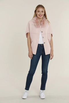 Faux Fur Collar Short Sleeve Cardigan - Lush Lemon - Women&