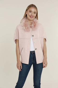 Faux Fur Collar Short Sleeve Cardigan - Lush Lemon - Women&