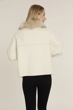 Faux Fur Collar Short Sleeve Cardigan - Lush Lemon - Women&