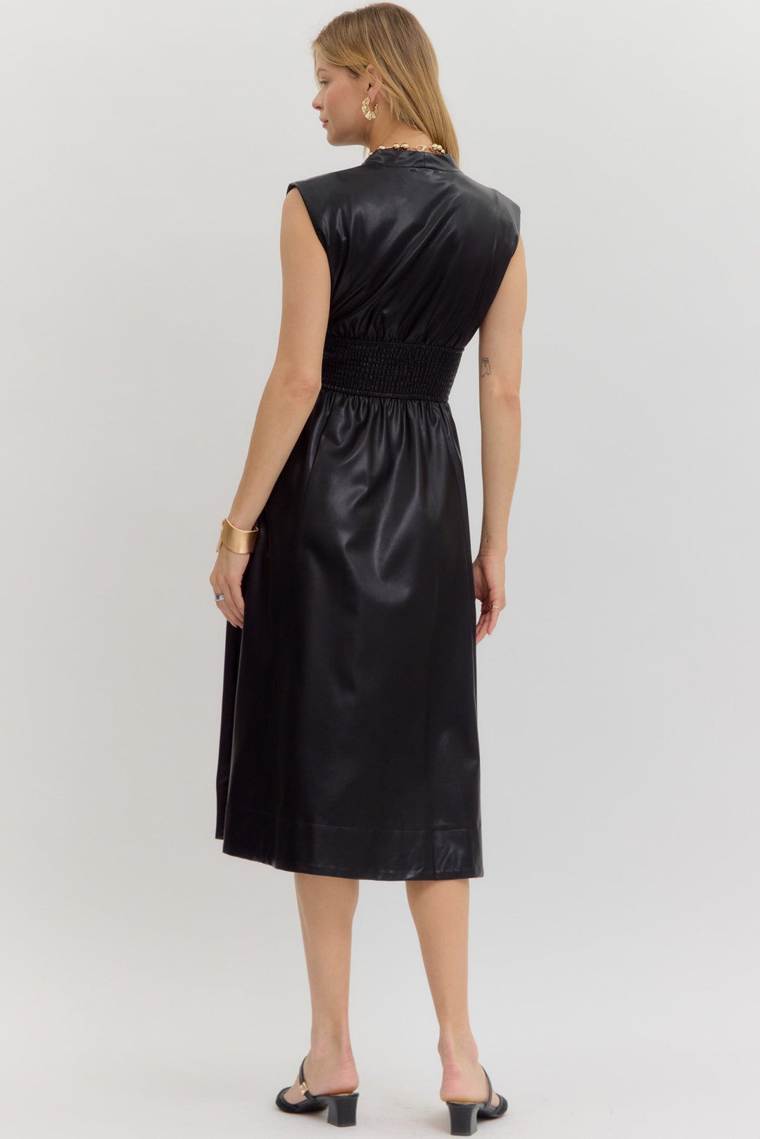 Faux Leather Smocked Waist Midi Dress - Lush Lemon - Women's Clothing - Entro - 92236591041885