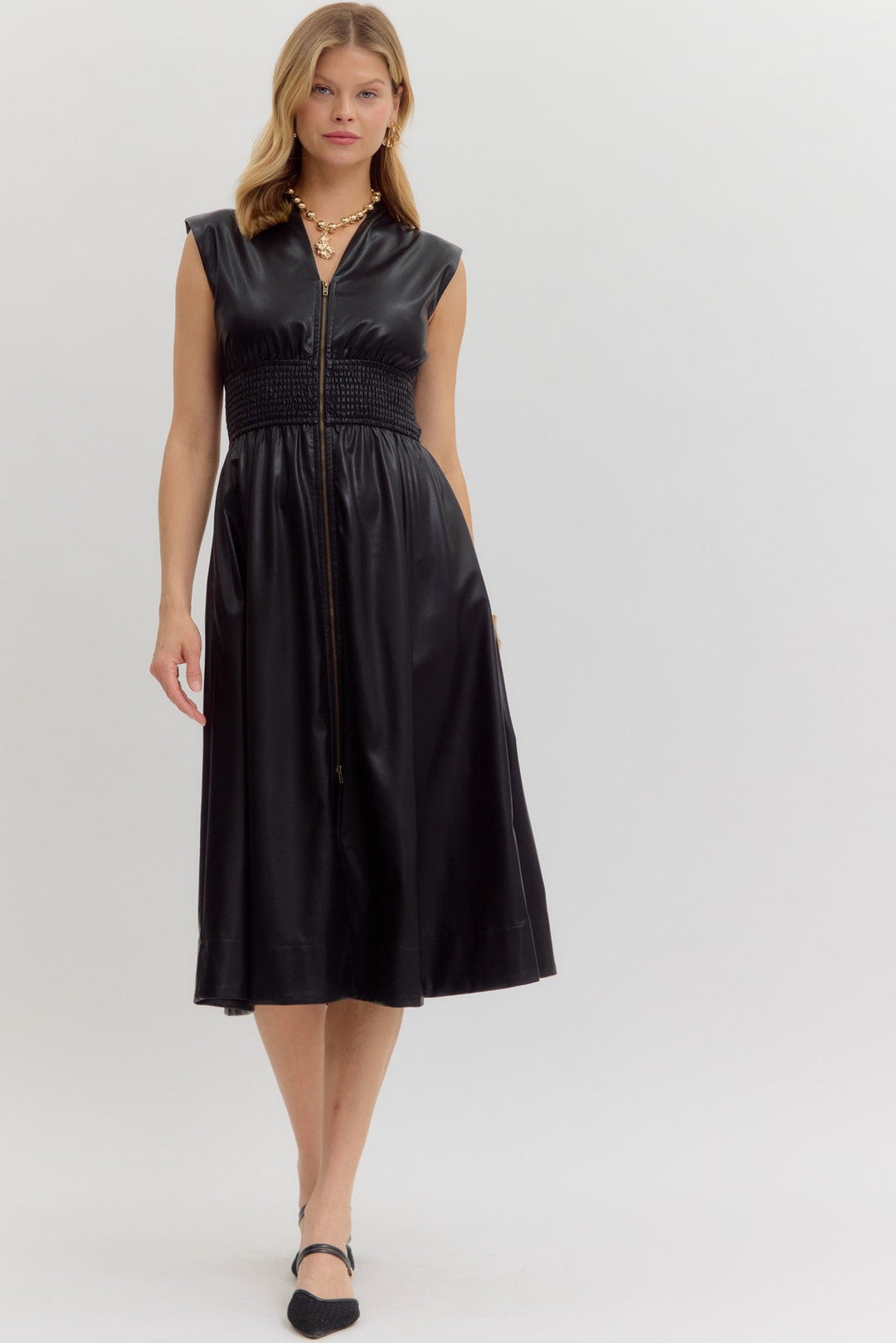 Faux Leather Smocked Waist Midi Dress - Lush Lemon - Women's Clothing - Entro - 92236591041885