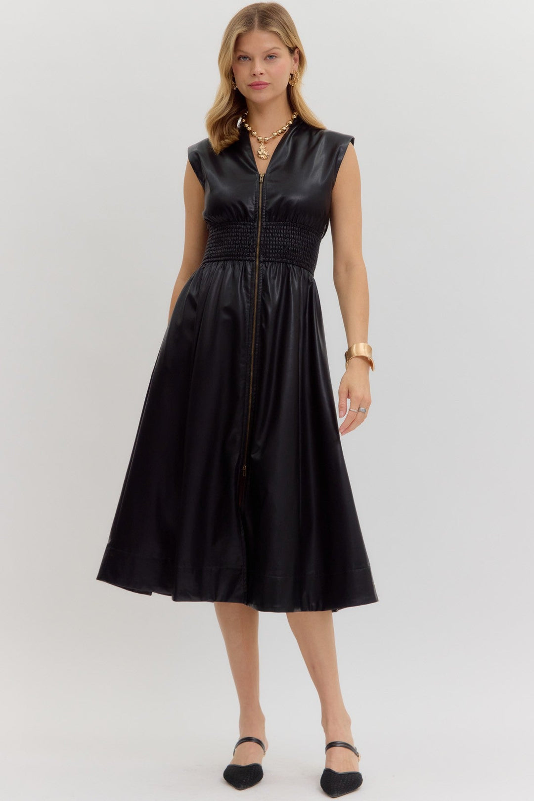 Faux Leather Smocked Waist Midi Dress - Lush Lemon - Women's Clothing - Entro - 92236591041885