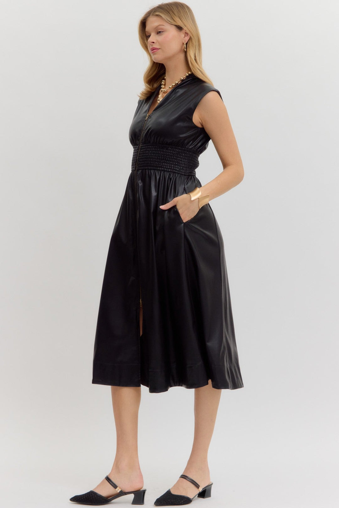 Faux Leather Smocked Waist Midi Dress - Lush Lemon - Women's Clothing - Entro - 92236591041885