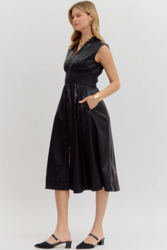 Faux Leather Smocked Waist Midi Dress - Lush Lemon - Women&