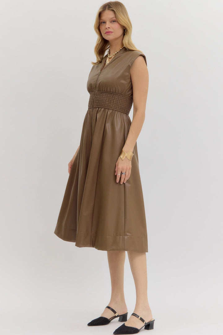 Faux Leather Smocked Waist Midi Dress - Lush Lemon - Women's Clothing - Entro - 92236591340189